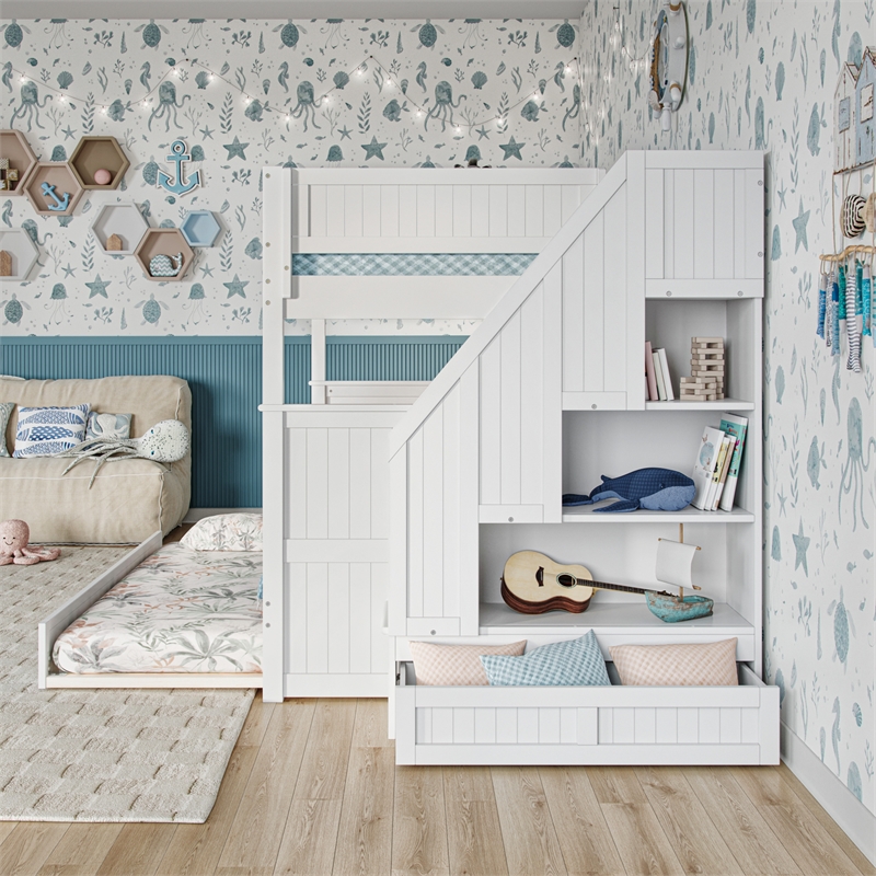 Dover Full over Full Wood Staircase Bunk Bed with Drawer & Trundle in White
