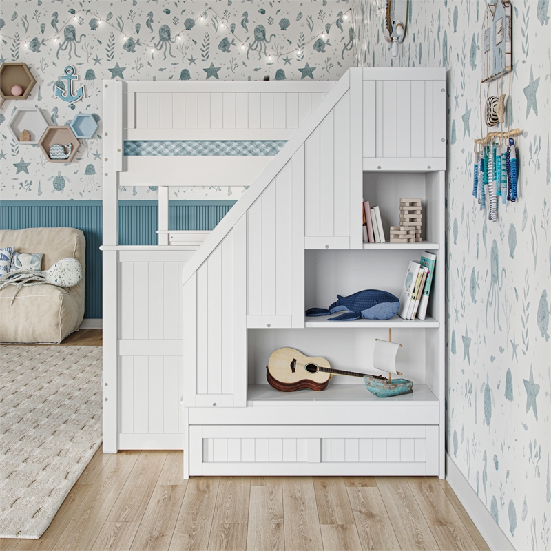 Dover Full over Full Wood Staircase Bunk Bed with Drawer & Trundle in White