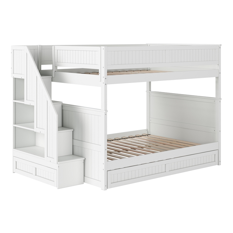 Dover Full over Full Wood Staircase Bunk Bed with Drawer & Trundle in White