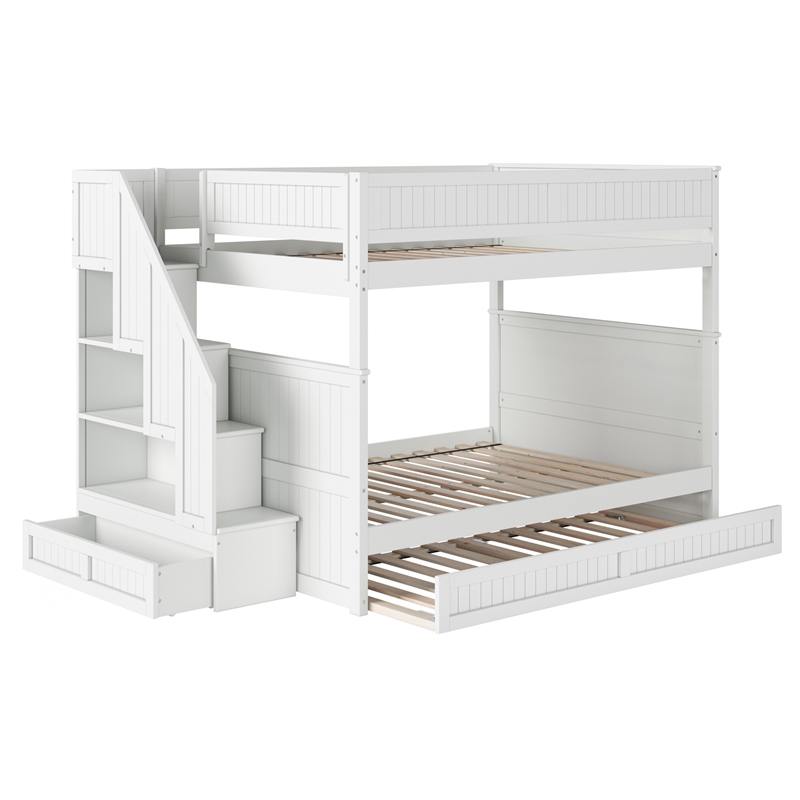 Dover Full over Full Wood Staircase Bunk Bed with Drawer & Trundle in White
