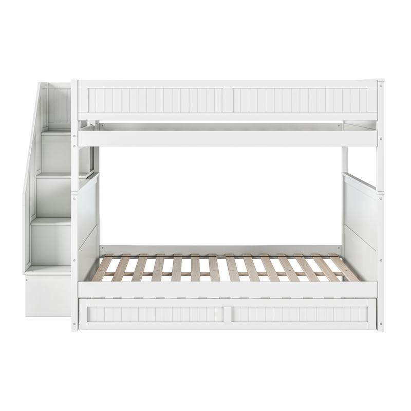 Dover Full over Full Wood Staircase Bunk Bed with Drawer & Trundle in White