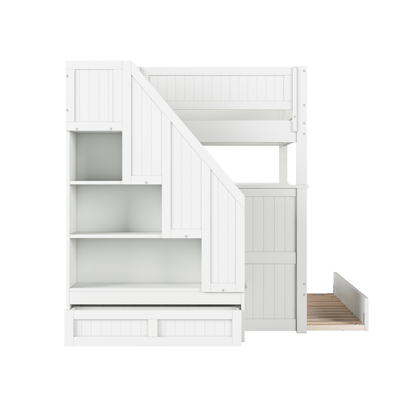 Dover Full over Full Wood Staircase Bunk Bed with Drawer & Trundle in White