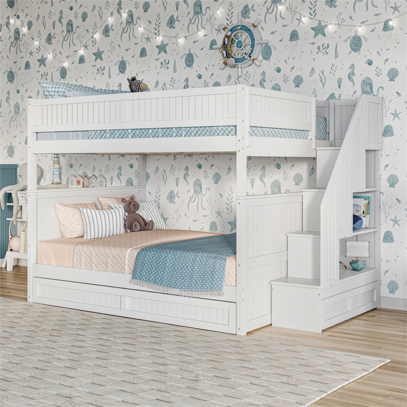 Dover Full over Full Wood Staircase Bunk Bed with Drawer & Trundle in White