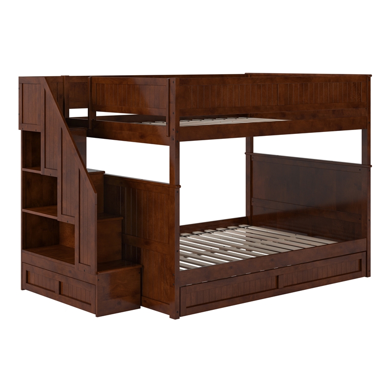 Dover Full over Full Wood Staircase Bunk Bed with Drawer & Trundle in Walnut