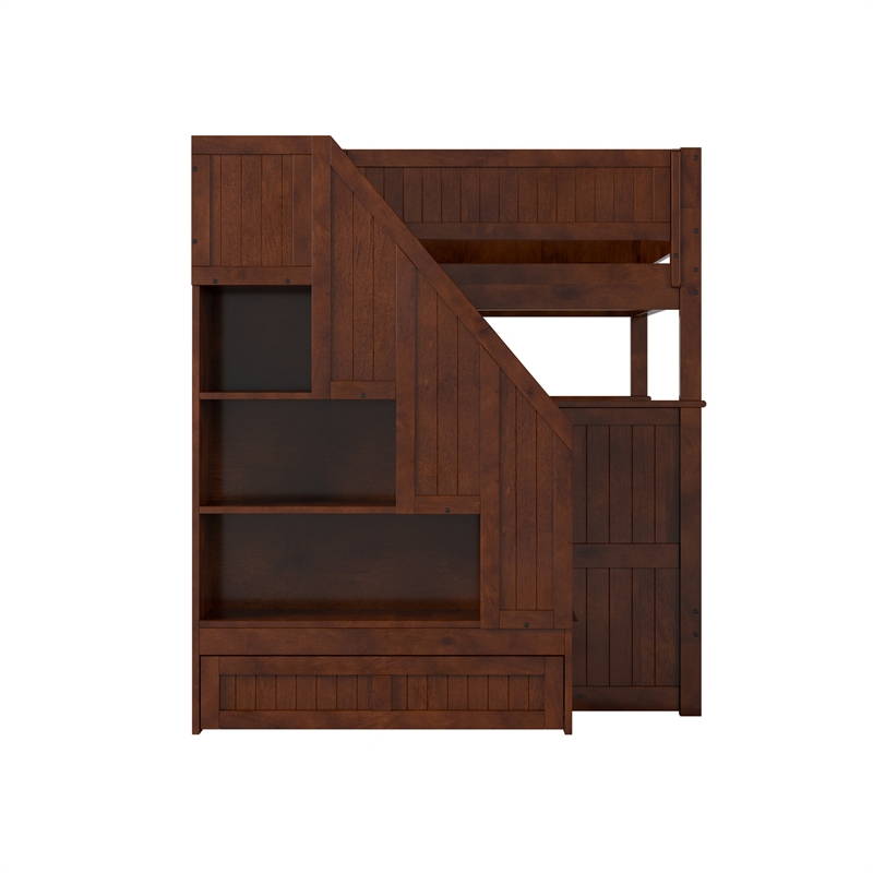 Dover Full over Full Wood Staircase Bunk Bed with Drawer & Trundle in Walnut