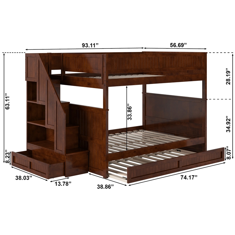 Dover Full over Full Wood Staircase Bunk Bed with Drawer & Trundle in Walnut
