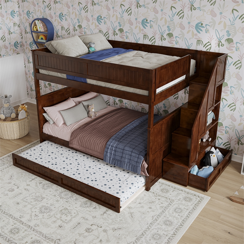 Dover Full over Full Wood Staircase Bunk Bed with Drawer & Trundle in Walnut