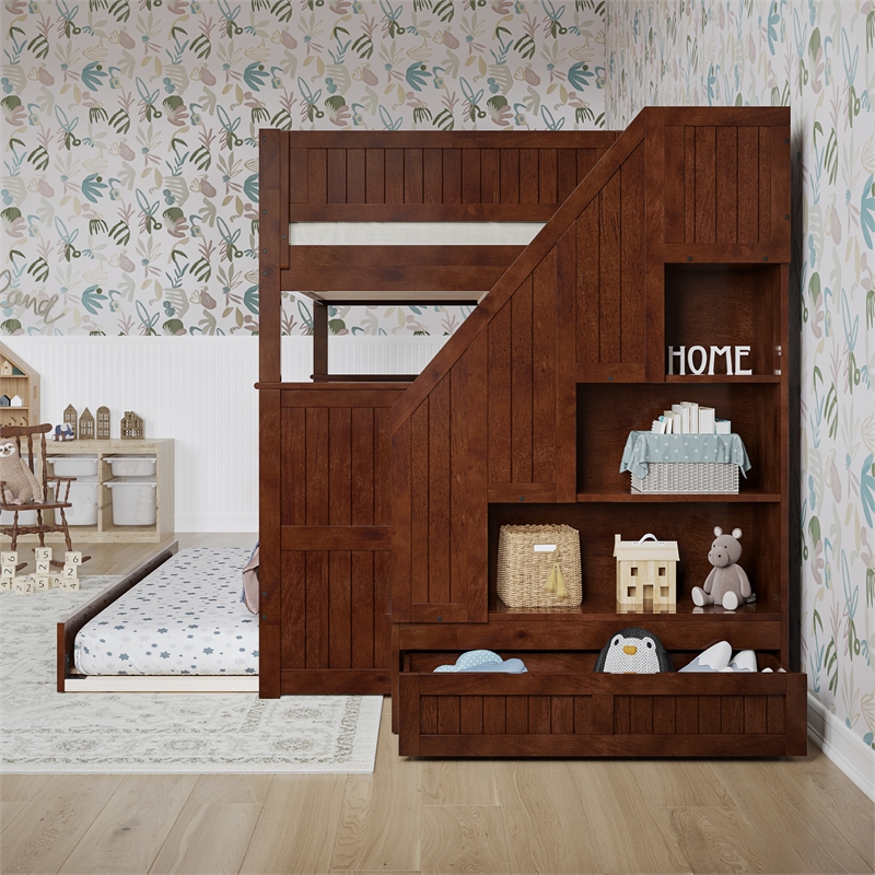 Dover Full over Full Wood Staircase Bunk Bed with Drawer & Trundle in Walnut