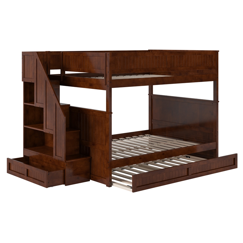 Dover Full over Full Wood Staircase Bunk Bed with Drawer & Trundle in Walnut