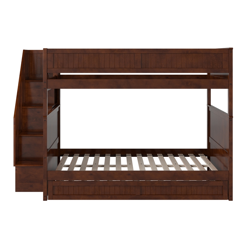 Dover Full over Full Wood Staircase Bunk Bed with Drawer & Trundle in Walnut