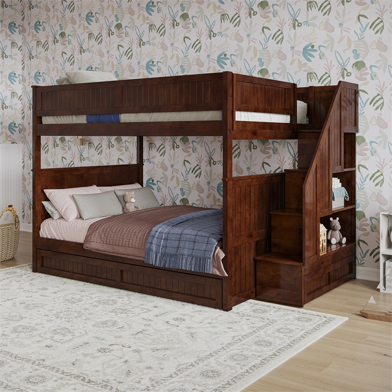 Dover Full over Full Wood Staircase Bunk Bed with Drawer & Trundle in Walnut