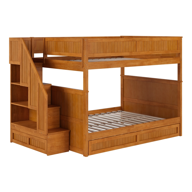 Dover Full over Full Wood Staircase Bunk Bed w/ Drawer & Trundle in Light Toffee
