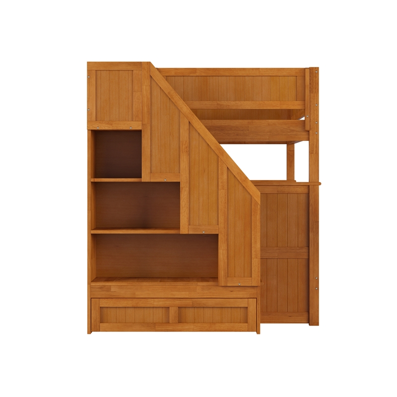 Dover Full over Full Wood Staircase Bunk Bed w/ Drawer & Trundle in Light Toffee