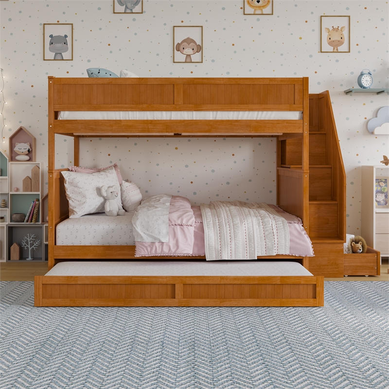 Dover Full over Full Wood Staircase Bunk Bed w/ Drawer & Trundle in Light Toffee