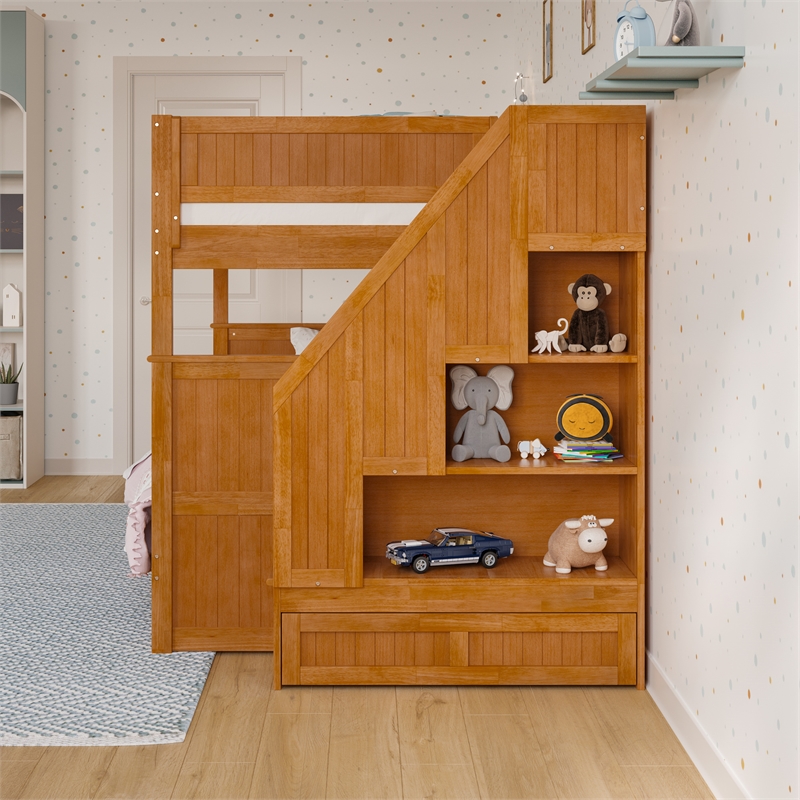 Dover Full over Full Wood Staircase Bunk Bed w/ Drawer & Trundle in Light Toffee
