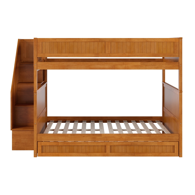 Dover Full over Full Wood Staircase Bunk Bed w/ Drawer & Trundle in Light Toffee
