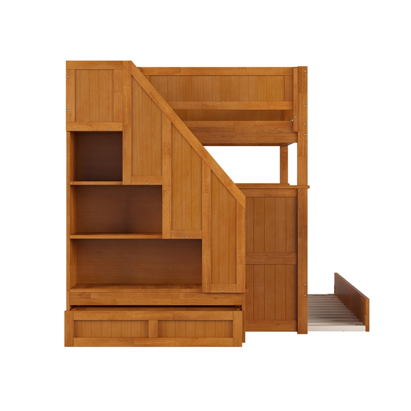 Dover Full over Full Wood Staircase Bunk Bed w/ Drawer & Trundle in Light Toffee