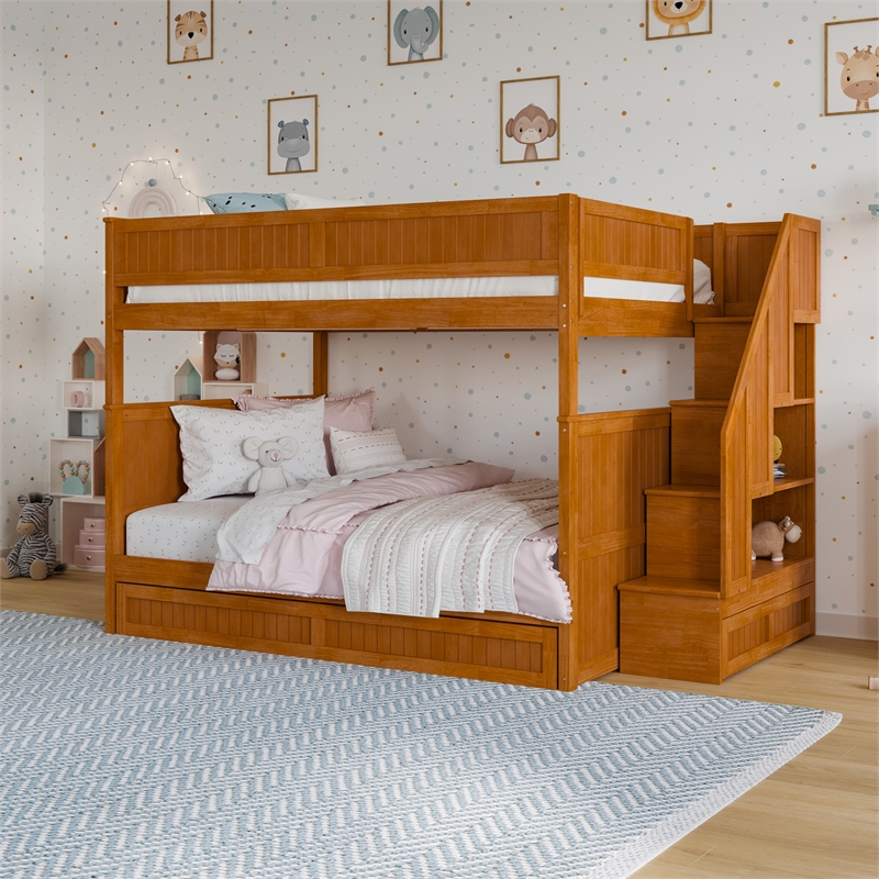 Dover Full over Full Wood Staircase Bunk Bed w/ Drawer & Trundle in Light Toffee