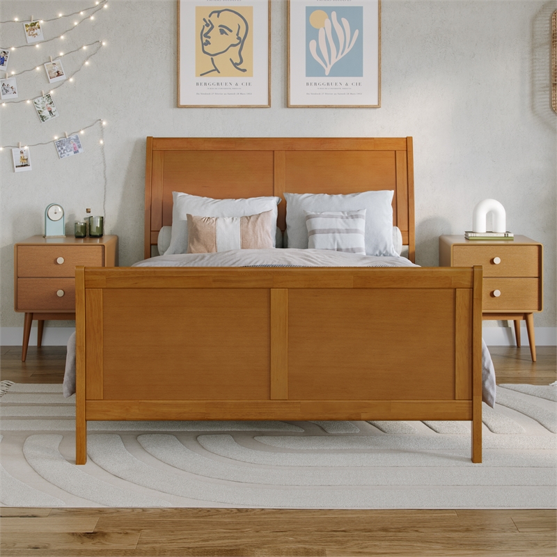 Portland Full Wood Low Platform Bed with Matching Footboard in Light Toffee