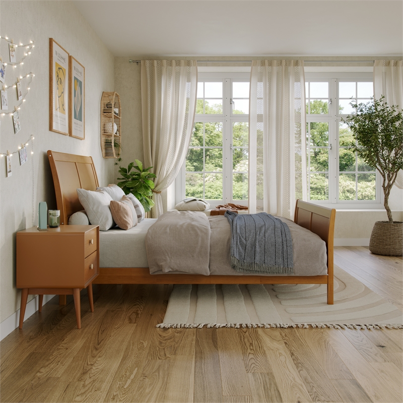 Portland Full Wood Low Platform Bed with Matching Footboard in Light Toffee