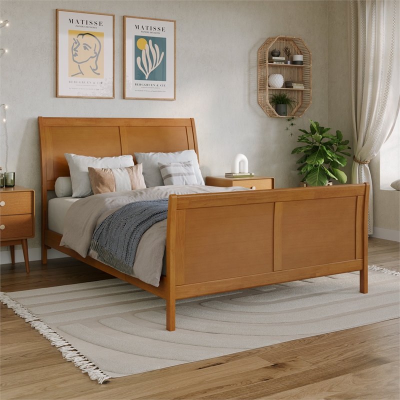 Portland Full Wood Low Platform Bed with Matching Footboard in Light Toffee