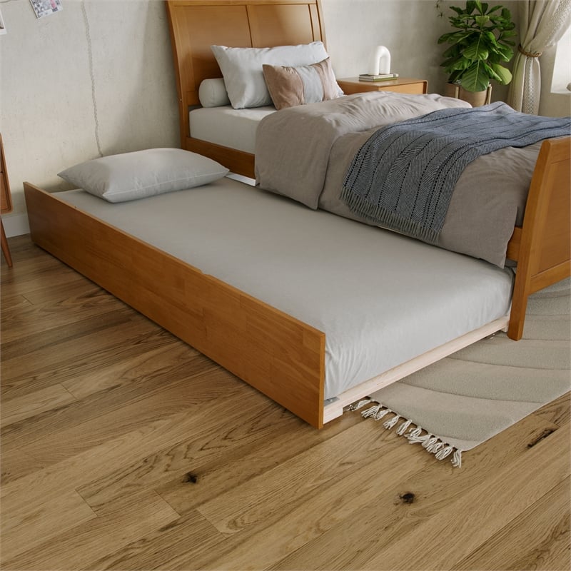 Portland Twin XL Wood Bed with Matching Footboard & Trundle in Light Toffee