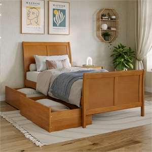 Portland Twin XL Storage Wood Bed with Matching Footboard in Light Toffee