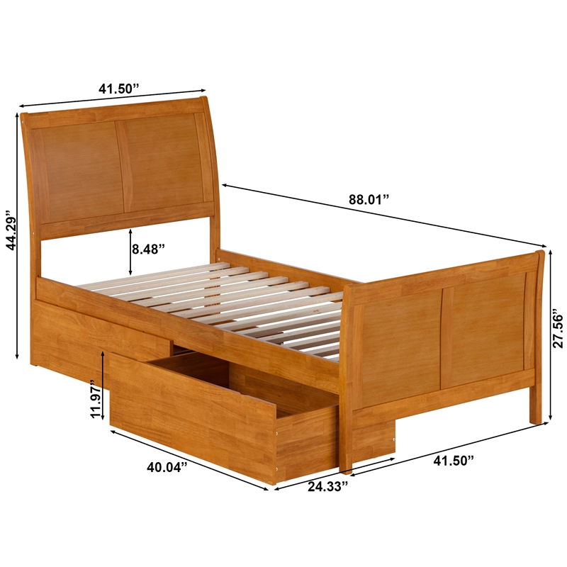 Portland Twin XL Storage Wood Bed with Matching Footboard in Light Toffee
