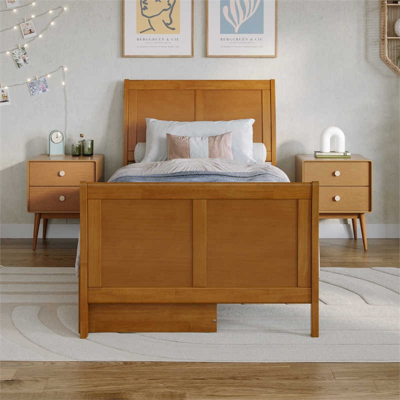 Portland Twin XL Storage Wood Bed with Matching Footboard in Light Toffee