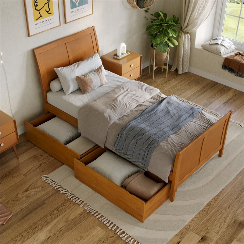 Portland Twin XL Storage Wood Bed with Matching Footboard in Light Toffee