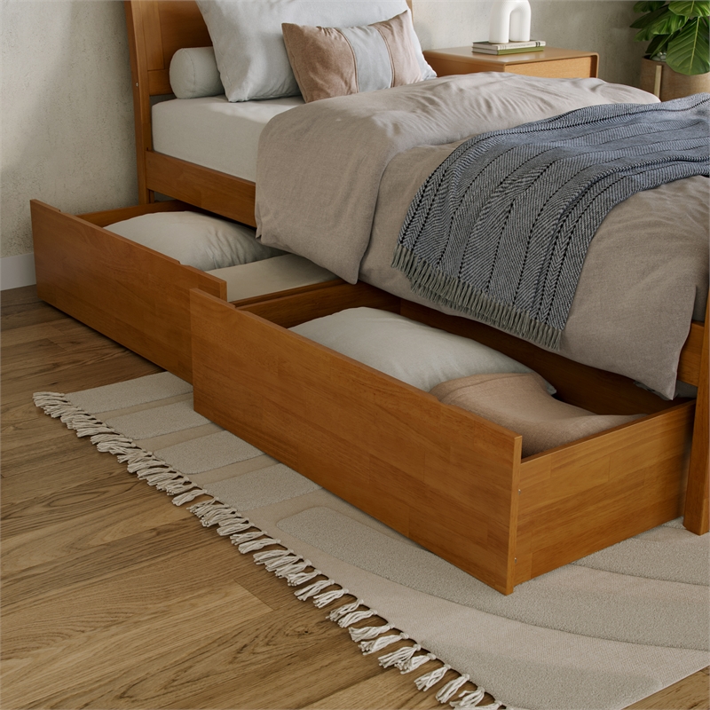 Portland Twin XL Storage Wood Bed with Matching Footboard in Light Toffee