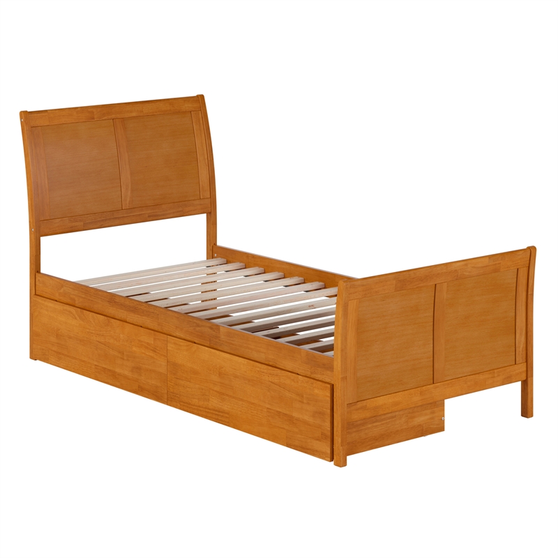 Portland Twin XL Storage Wood Bed with Matching Footboard in Light Toffee