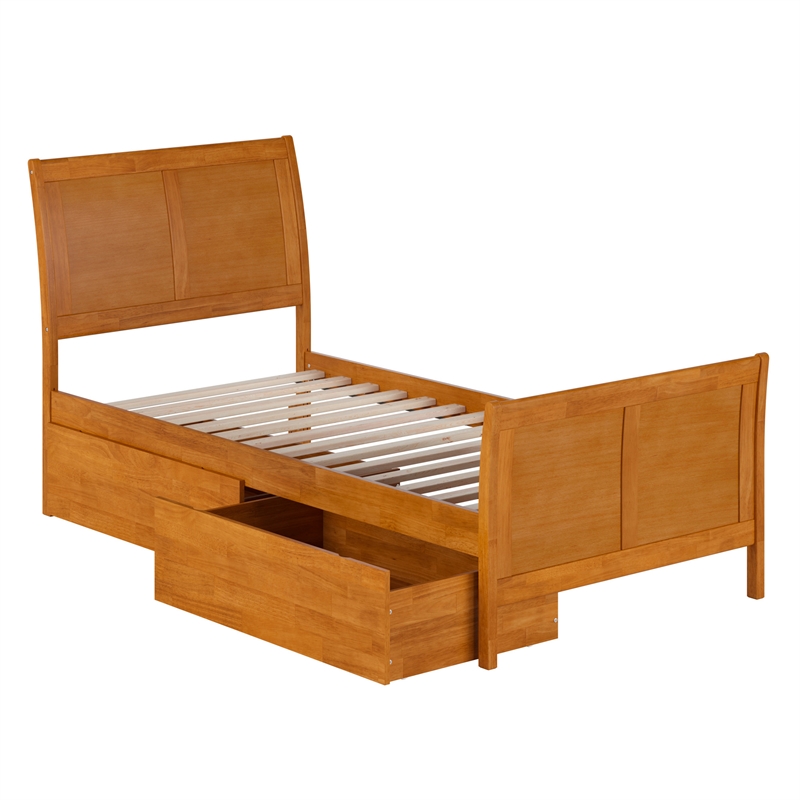 Portland Twin XL Storage Wood Bed with Matching Footboard in Light Toffee