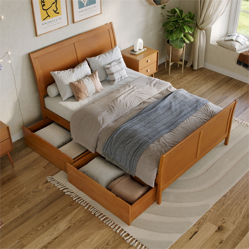 Portland Full Storage Wood Platform Bed with Matching Footboard in Light Toffee