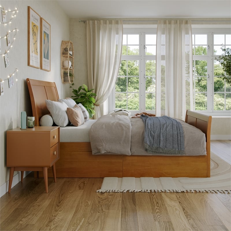 Portland Full Storage Wood Platform Bed with Matching Footboard in Light Toffee