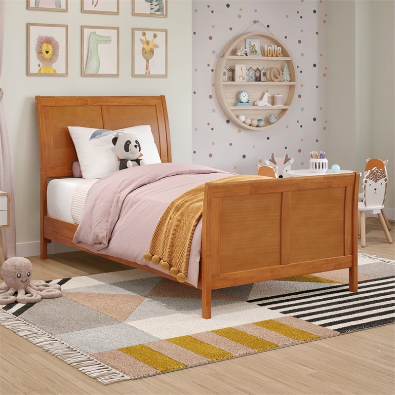 Valencia Twin Low Wood Platform Bed with Matching Footboard in Light Toffee
