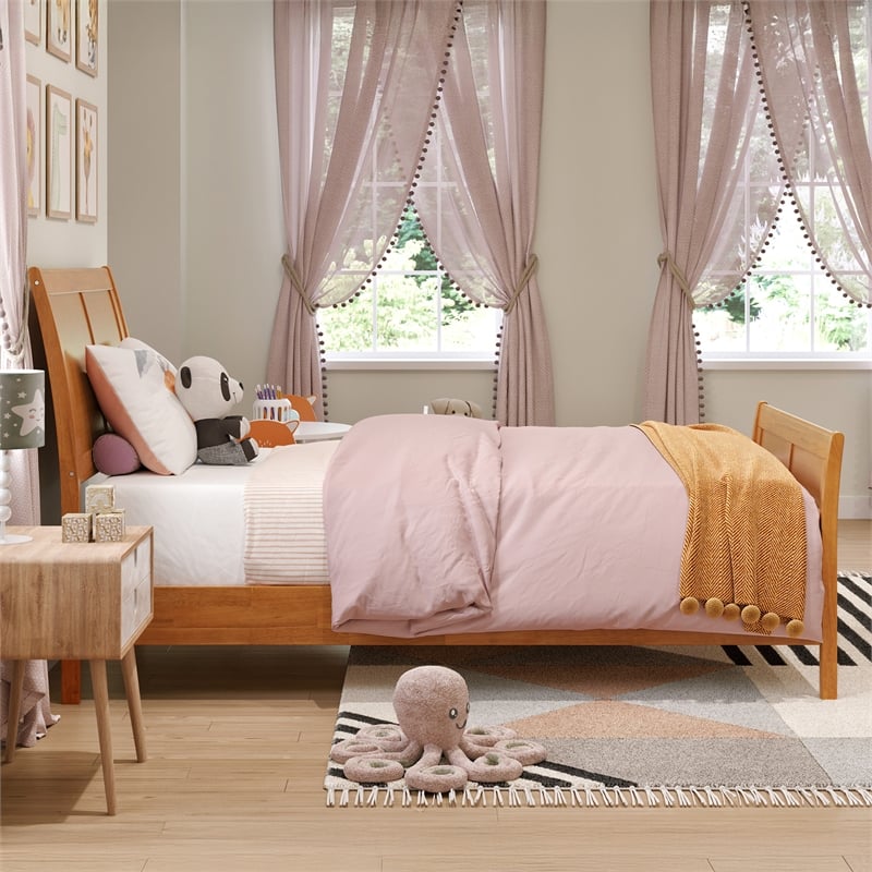 Valencia Twin Low Wood Platform Bed with Matching Footboard in Light Toffee