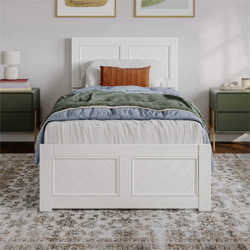 Berkshire Twin XL Wood Low Profile Platform Bed with Matching Footboard in White