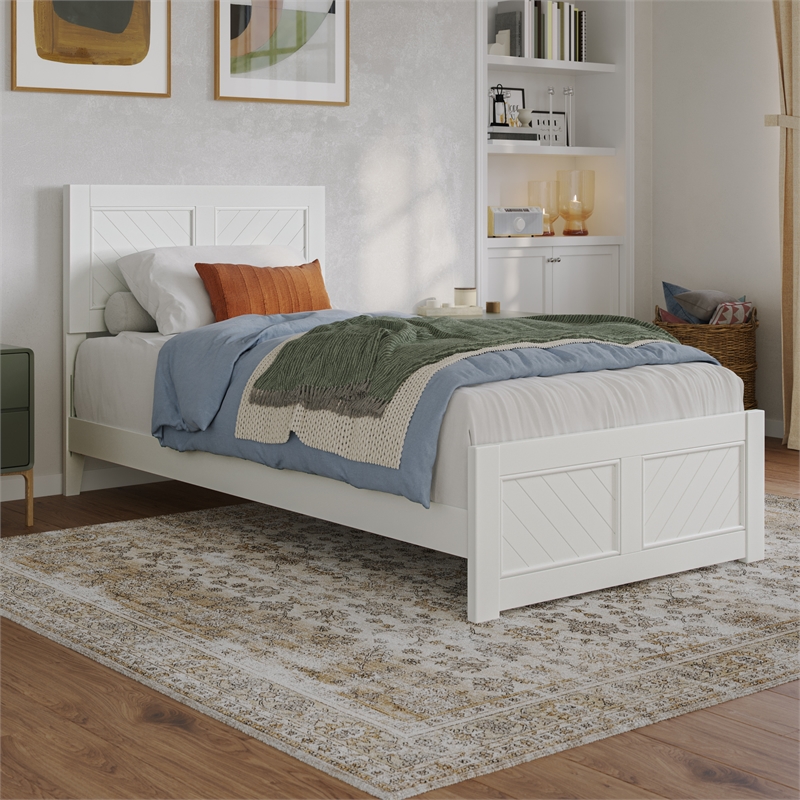 Berkshire Twin XL Wood Low Profile Platform Bed with Matching Footboard in White