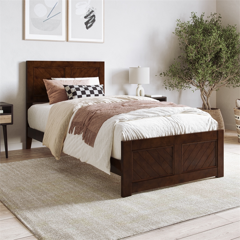 Berkshire Twin XL Low Profile Platform Bed w/ Matching Footboard in Walnut Brown