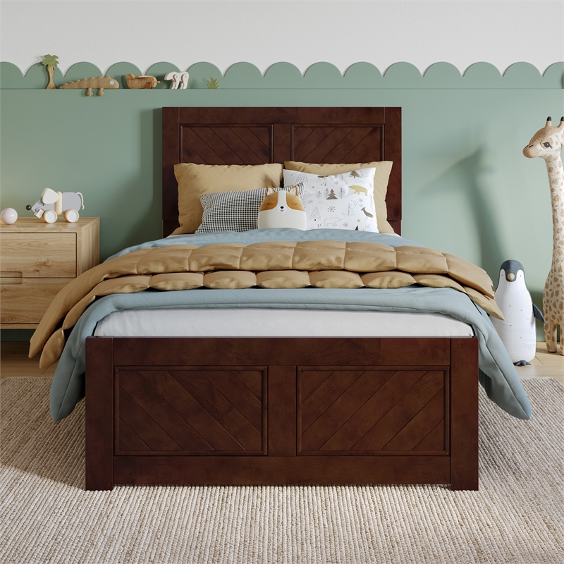 Berkshire Twin Wood Low Profile Platform Bed wMatching Footboard in Walnut Brown