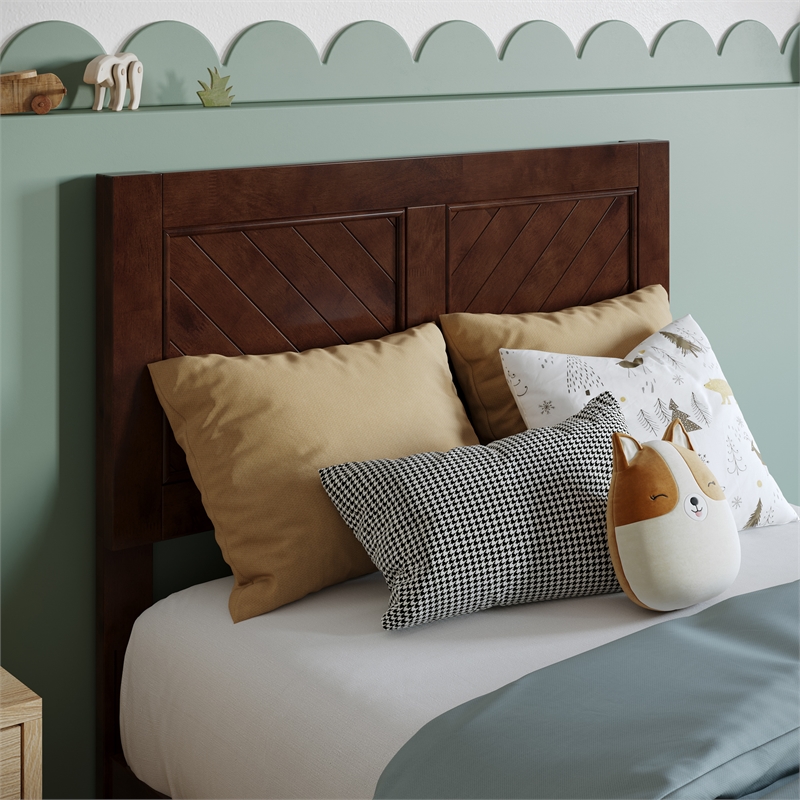 Berkshire Twin Wood Low Profile Platform Bed wMatching Footboard in Walnut Brown