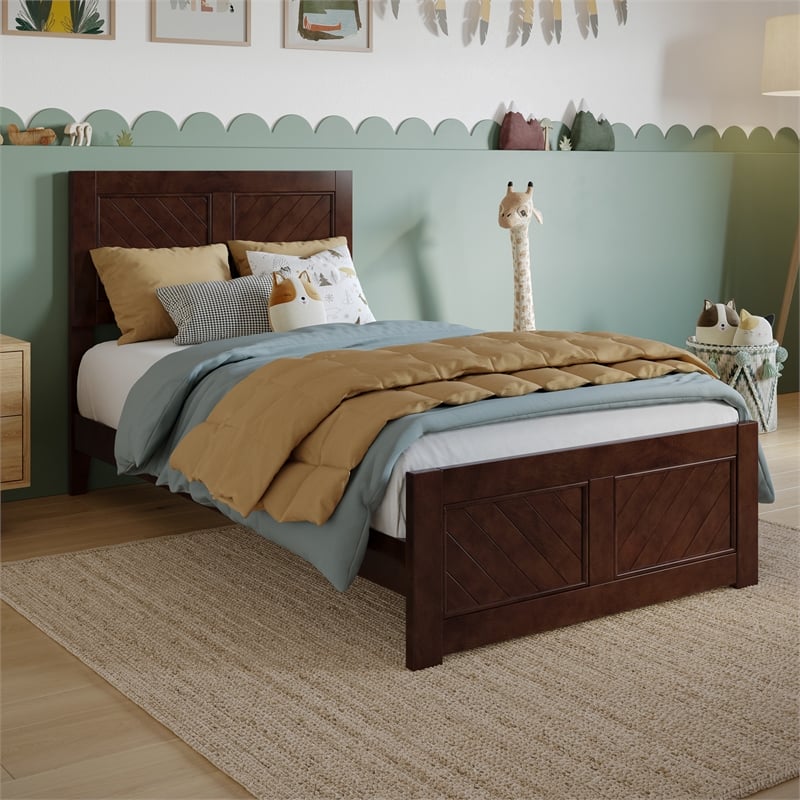 Berkshire Twin Wood Low Profile Platform Bed wMatching Footboard in Walnut Brown