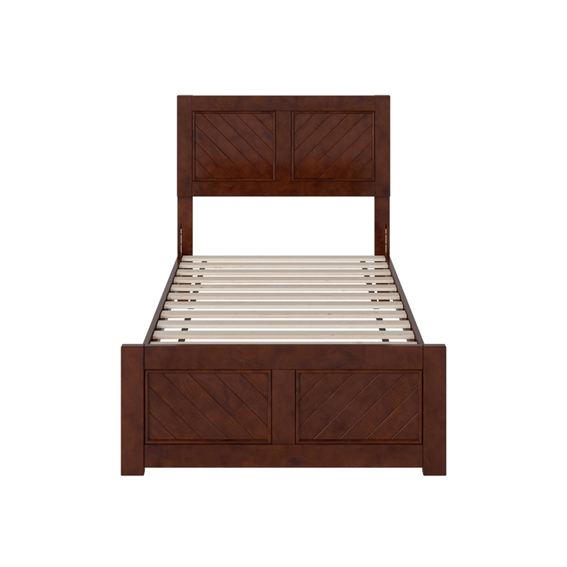 Berkshire Twin Wood Low Profile Platform Bed wMatching Footboard in Walnut Brown