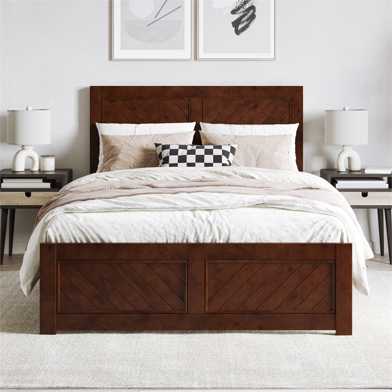 Berkshire Full Low Profile Wood Platform Bed with Matching Footboard in Walnut