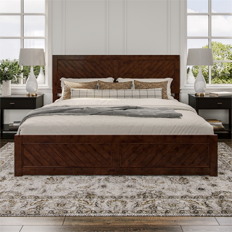 Berkshire King Wood Low Profile Platform Bed wMatching Footboard in Walnut Brown