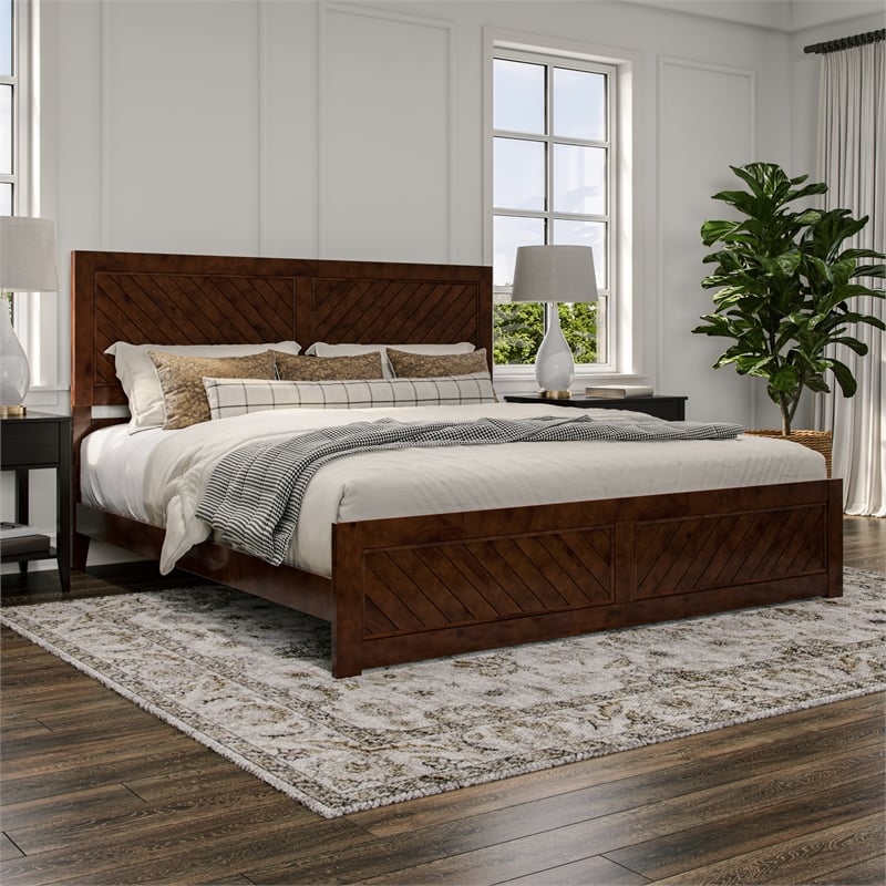 Berkshire King Wood Low Profile Platform Bed wMatching Footboard in Walnut Brown
