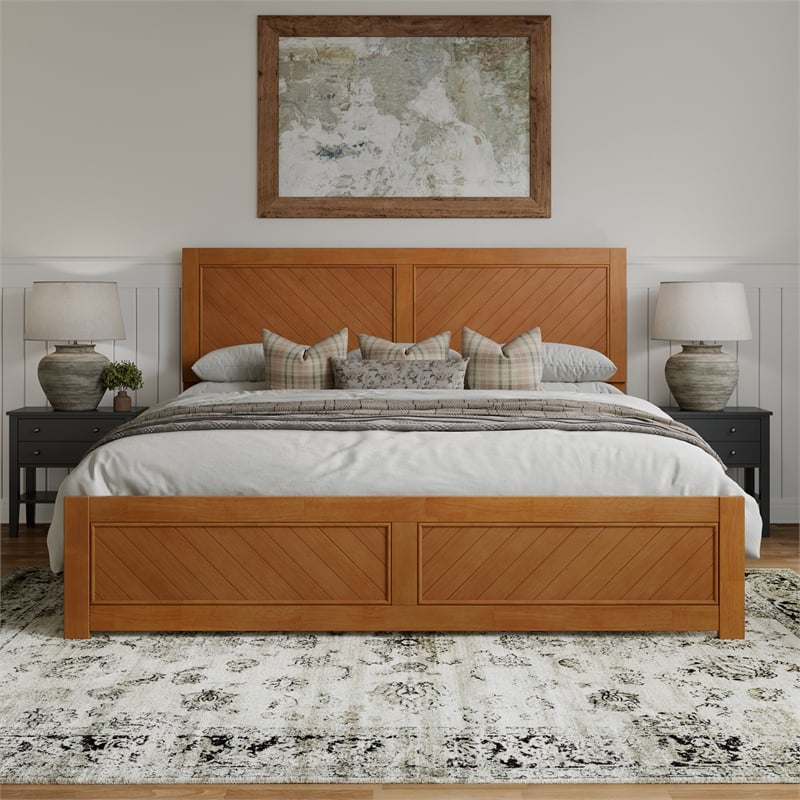 Berkshire King Wood Low Profile Platform Bed wMatching Footboard in Light Toffee