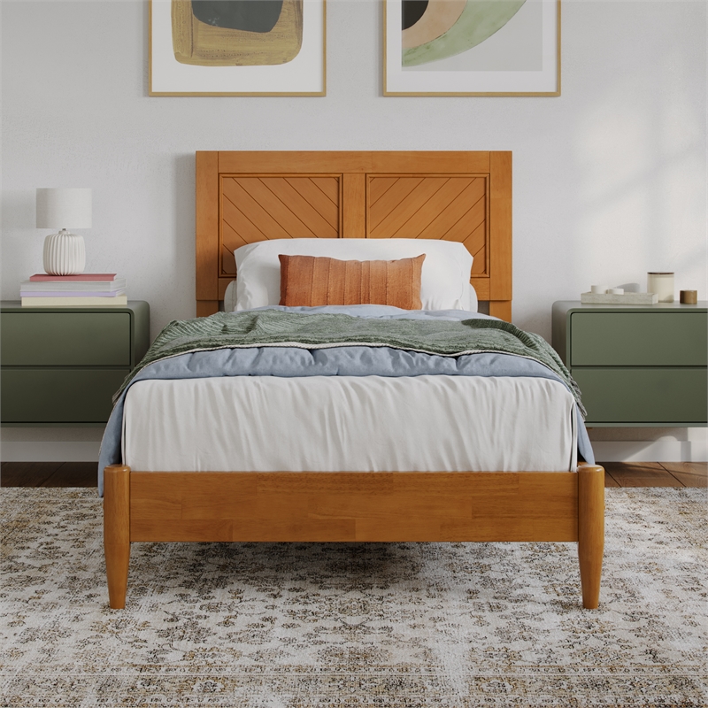 Berkshire Twin XL Wood Low Profile Platform Bed in Light Toffee