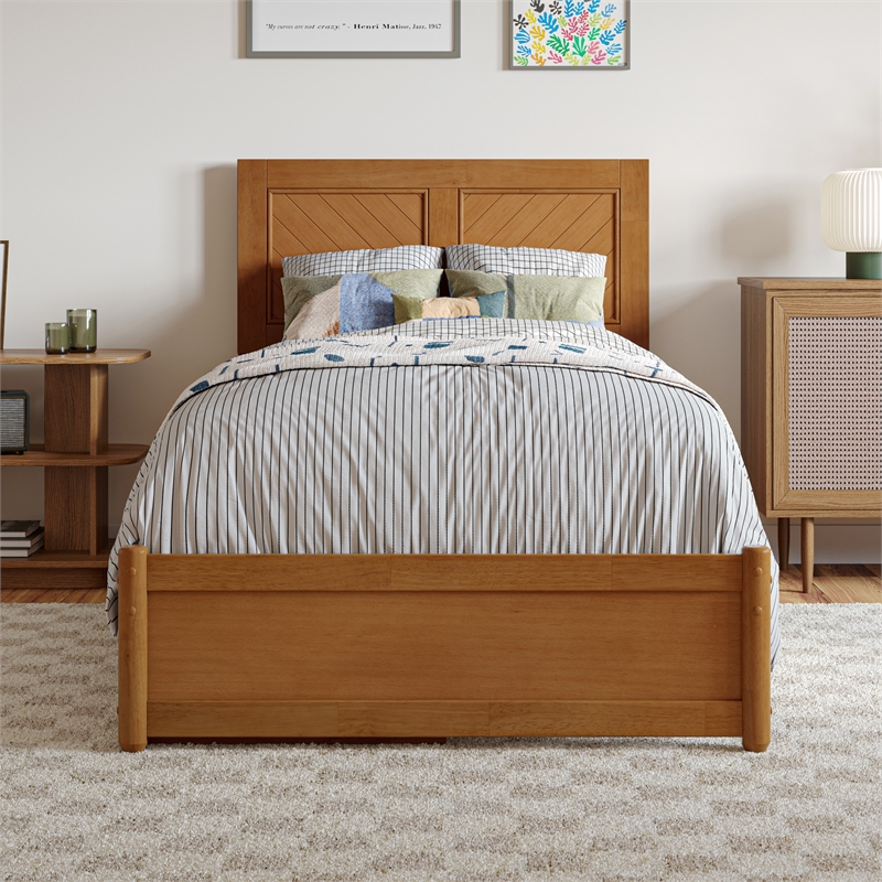 Clayton Twin XL Wood Platform Bed with Panel Footboard & Drawers in Light Toffee